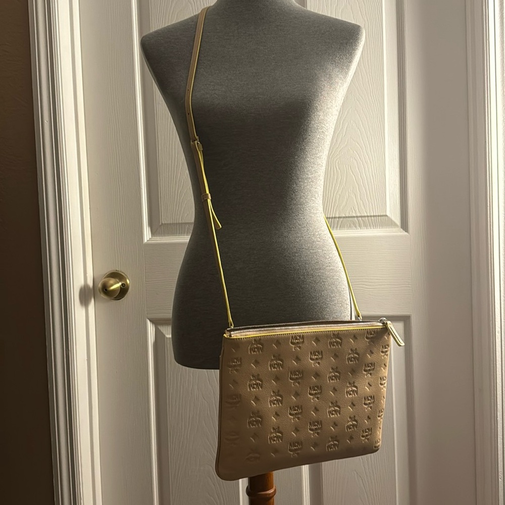 MCM Cream Visetos Medium Crossbody Pouch